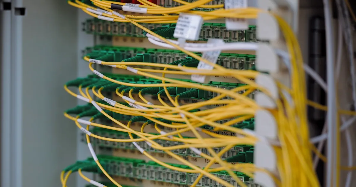 A dense bundle of network cables running through a data center hall