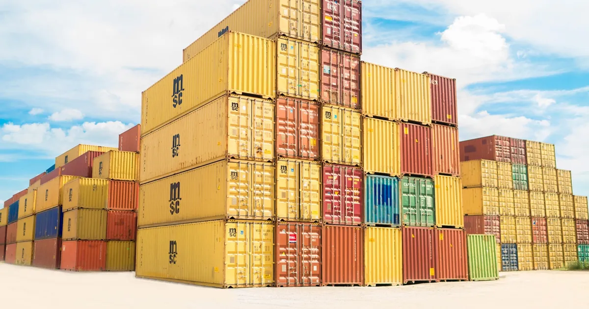 Docker containers represented as stacked shipping containers