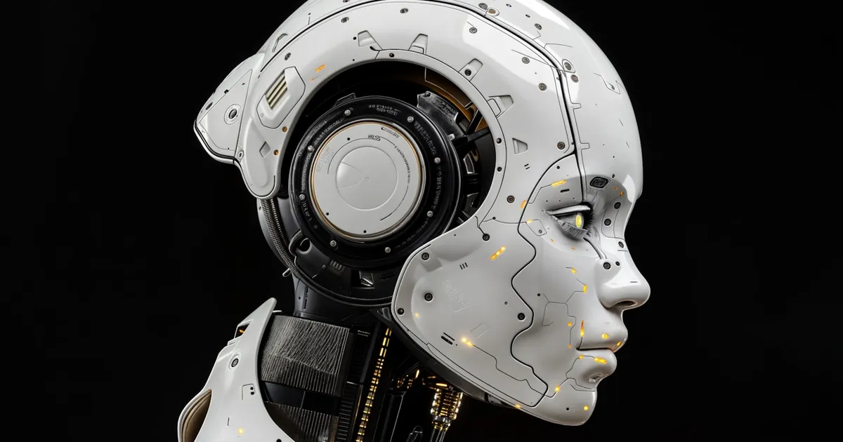 A white humanoid robot's head in profile against a black background