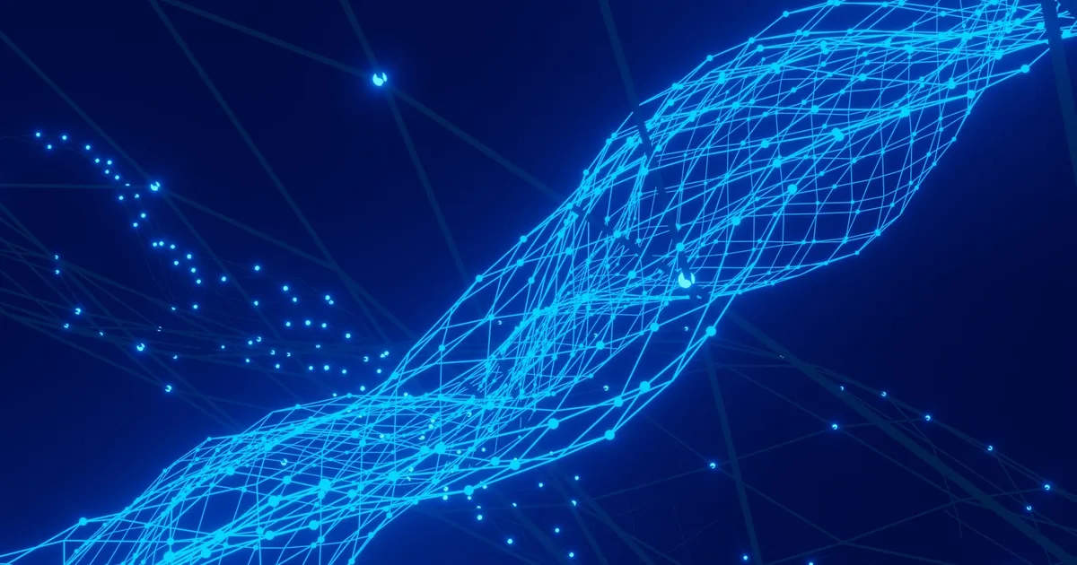 A glowing blue waveform of particles rippling across a dark field