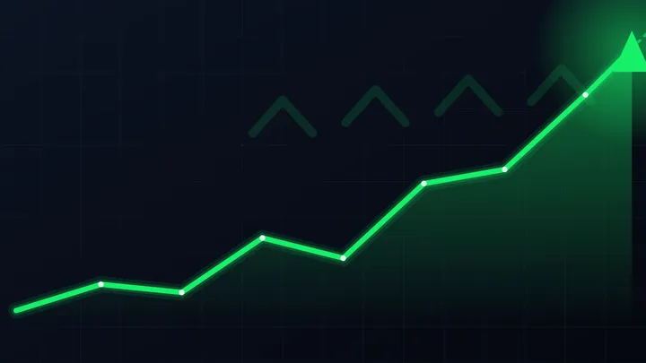 A green stock ticker board showing rising prices